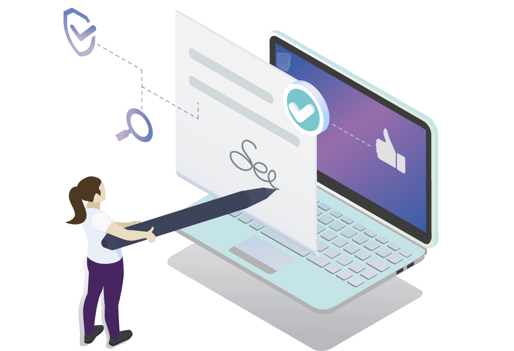 Destaque - Uma mulher assinando um documento em uma tela de computador.